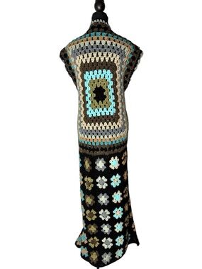 Handmade Crochet Knit Granny Square Long Floor Length Maxi Cardigan Vest M / L